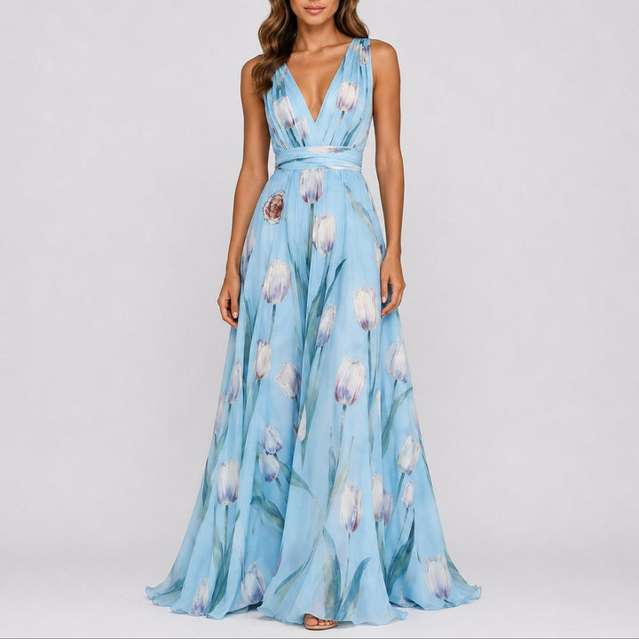 Isabella | Women's Floral Chiffon V-Neck Fall Wedding Guest Maxi Dress