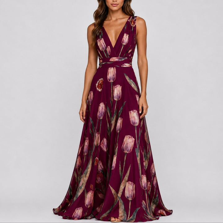 Isabella | Women's Floral Chiffon V-Neck Fall Wedding Guest Maxi Dress