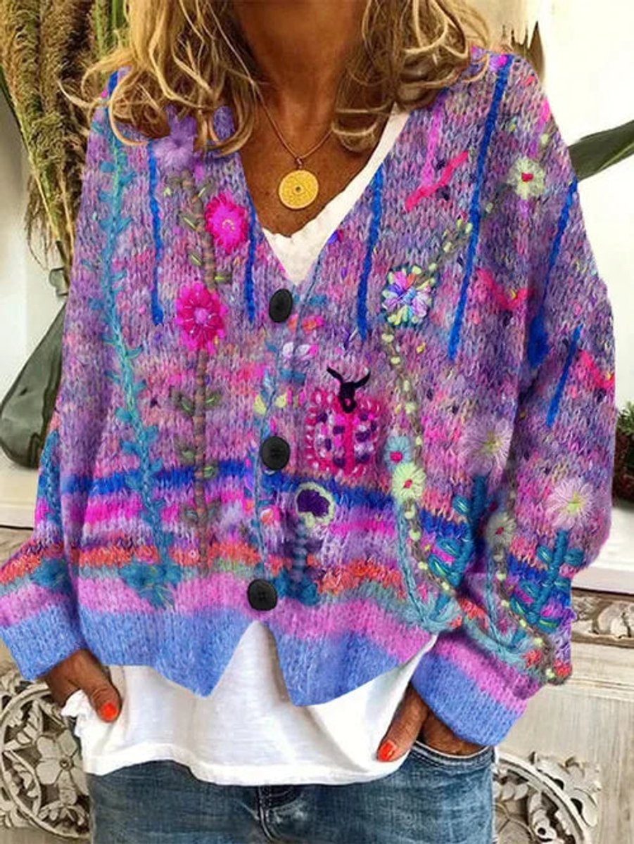 Olivia | Women's Floral Embroidered Button-Front Knit Cardigan