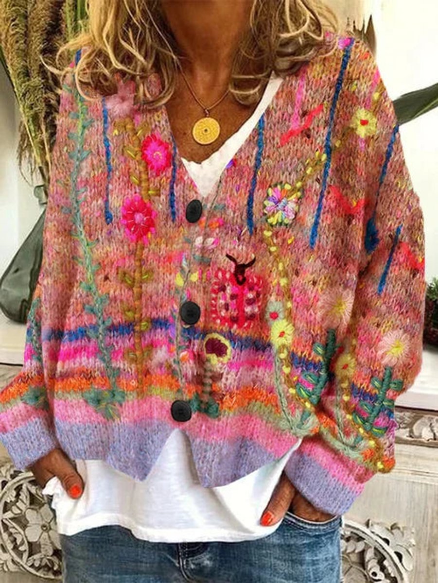Olivia | Women's Floral Embroidered Button-Front Knit Cardigan