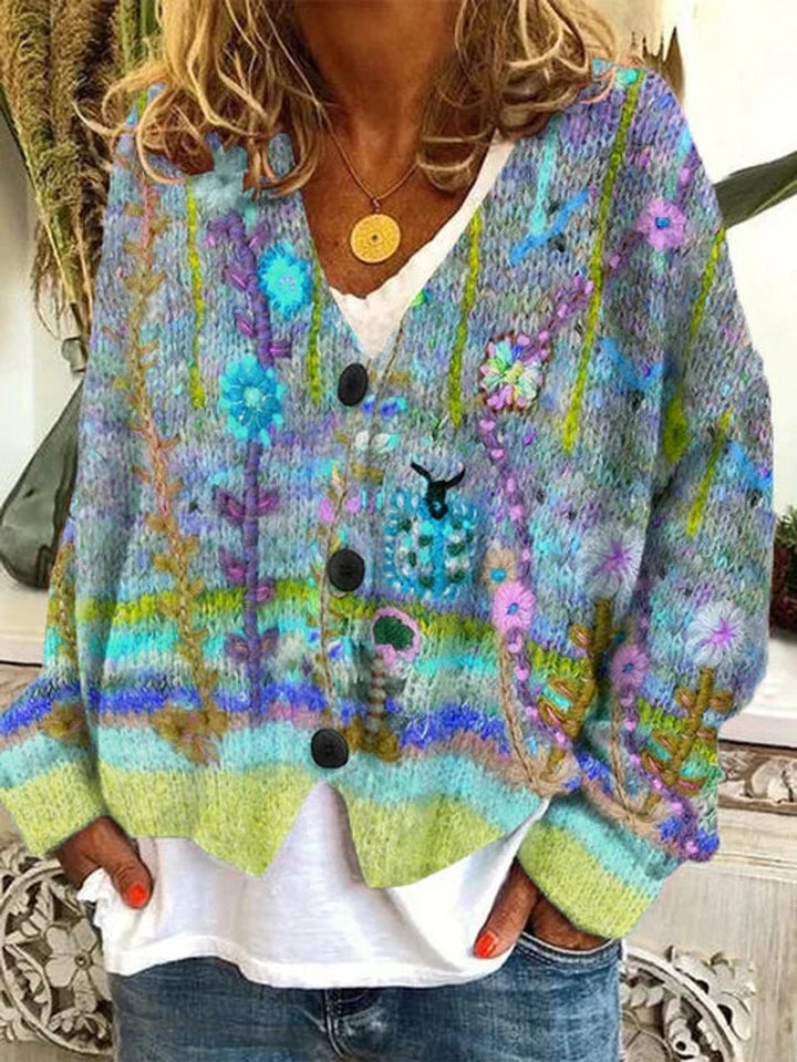 Olivia | Women's Floral Embroidered Button-Front Knit Cardigan