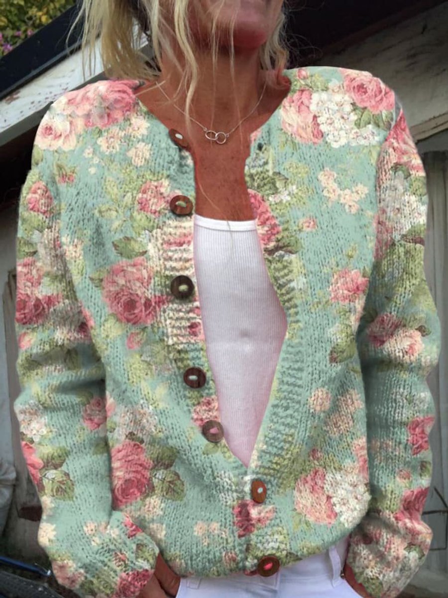 Isabella | Women's Floral Embroidered Button-Front Knit Cardigan