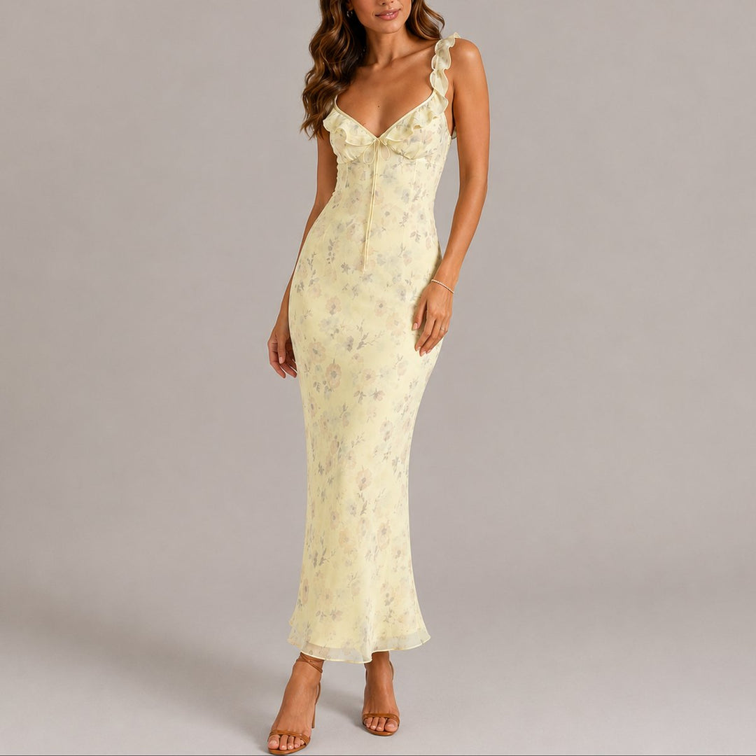 Evelyn | Women's Floral Ruffle Strap Fitted Fall Wedding Guest Maxi Dress