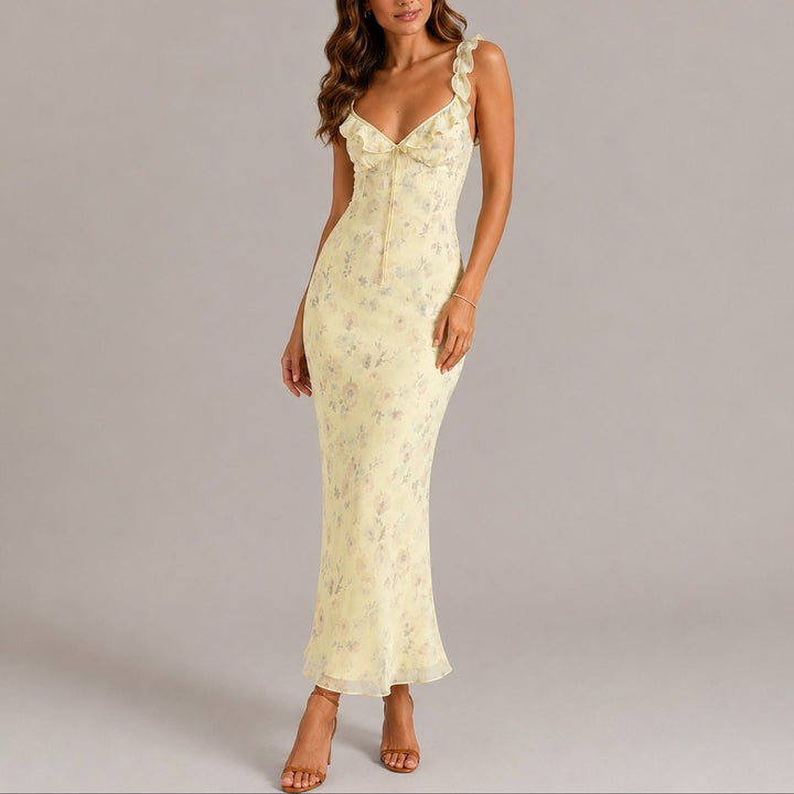 Evelyn | Women's Floral Ruffle Strap Fitted Fall Wedding Guest Maxi Dress
