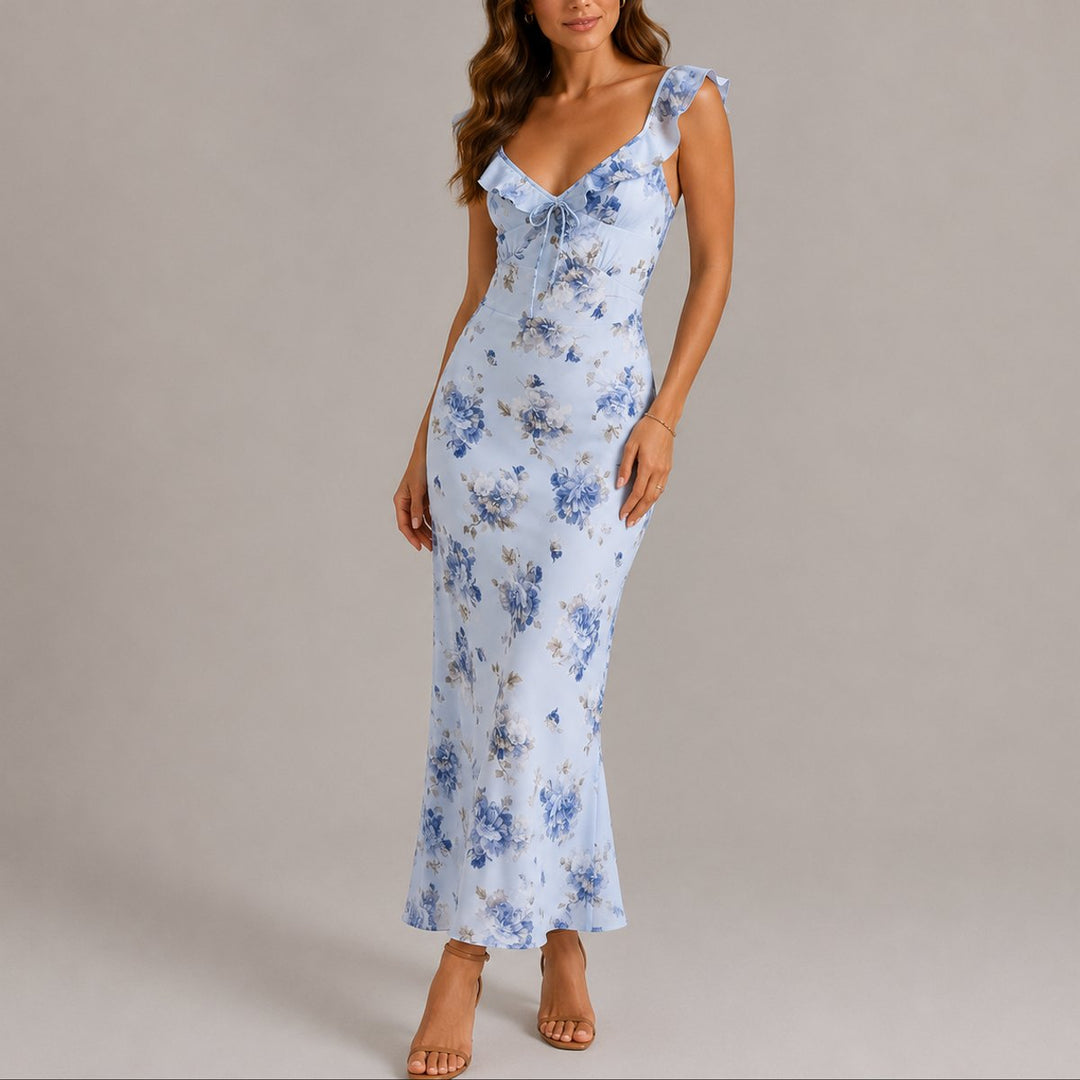 Evelyn | Women's Floral Ruffle Strap Fitted Fall Wedding Guest Maxi Dress