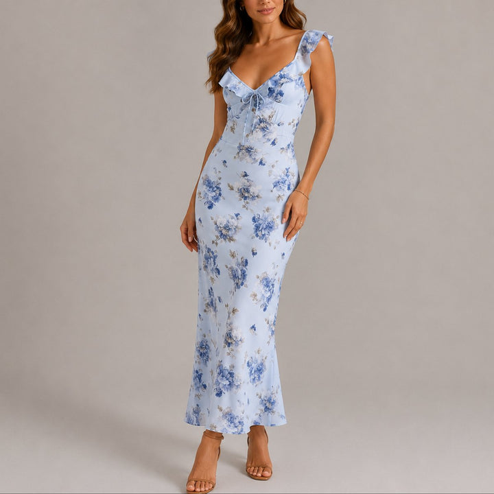 Evelyn | Women's Floral Ruffle Strap Fitted Fall Wedding Guest Maxi Dress