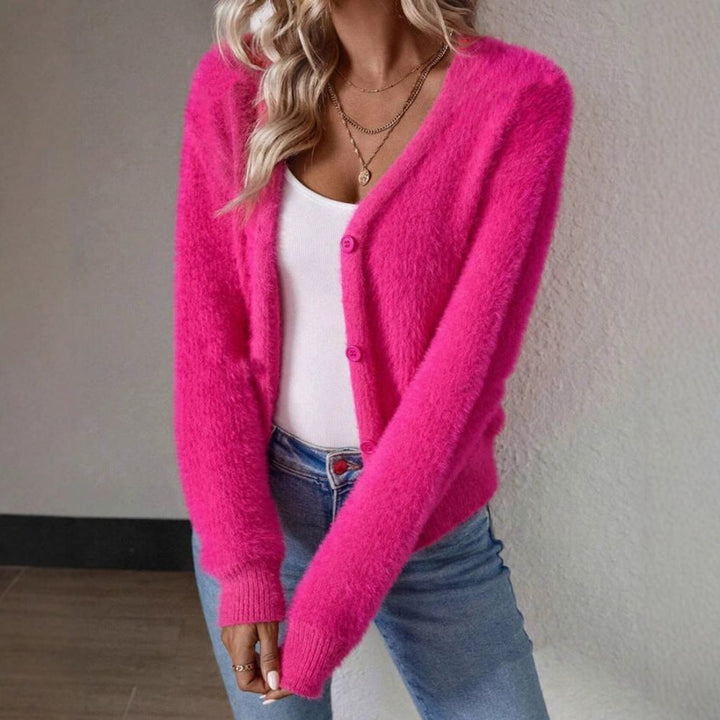 Layla | Women's Fluffy V-Neck Button-Front Knit Cardigan
