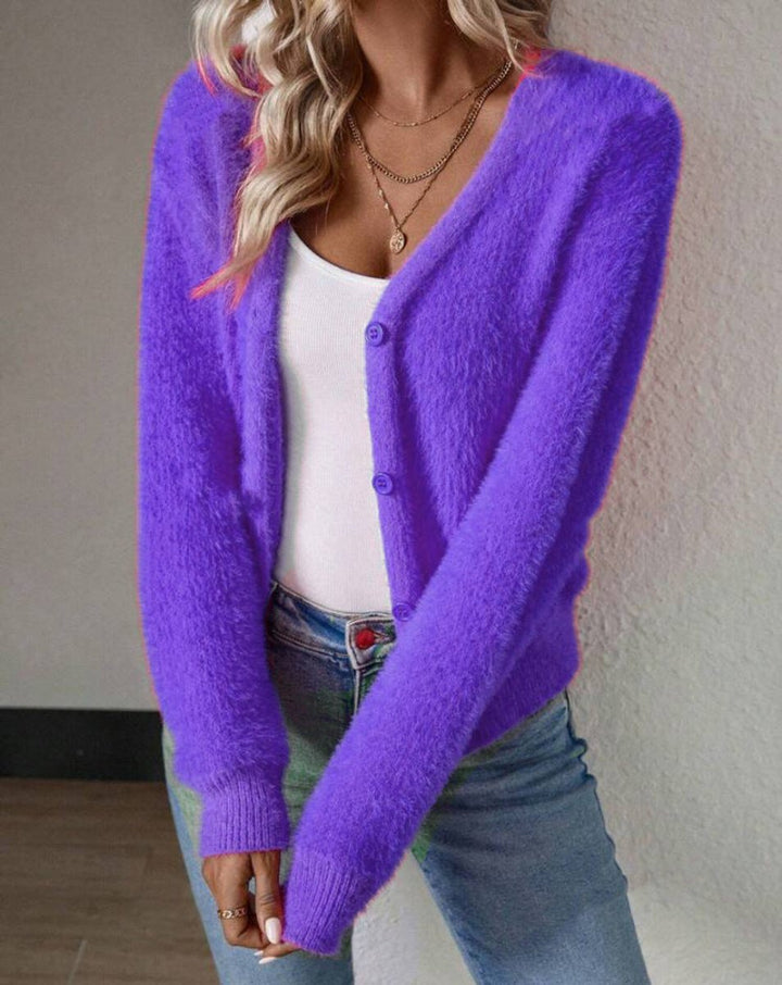 Layla | Women's Fluffy V-Neck Button-Front Knit Cardigan
