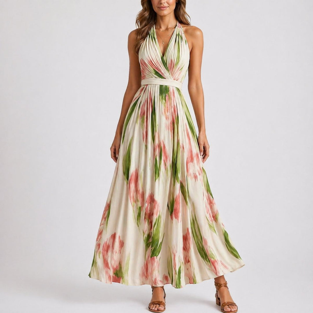 Emma | Women's Halter Neck Watercolor Floral Maxi Fall Wedding Guest Dress