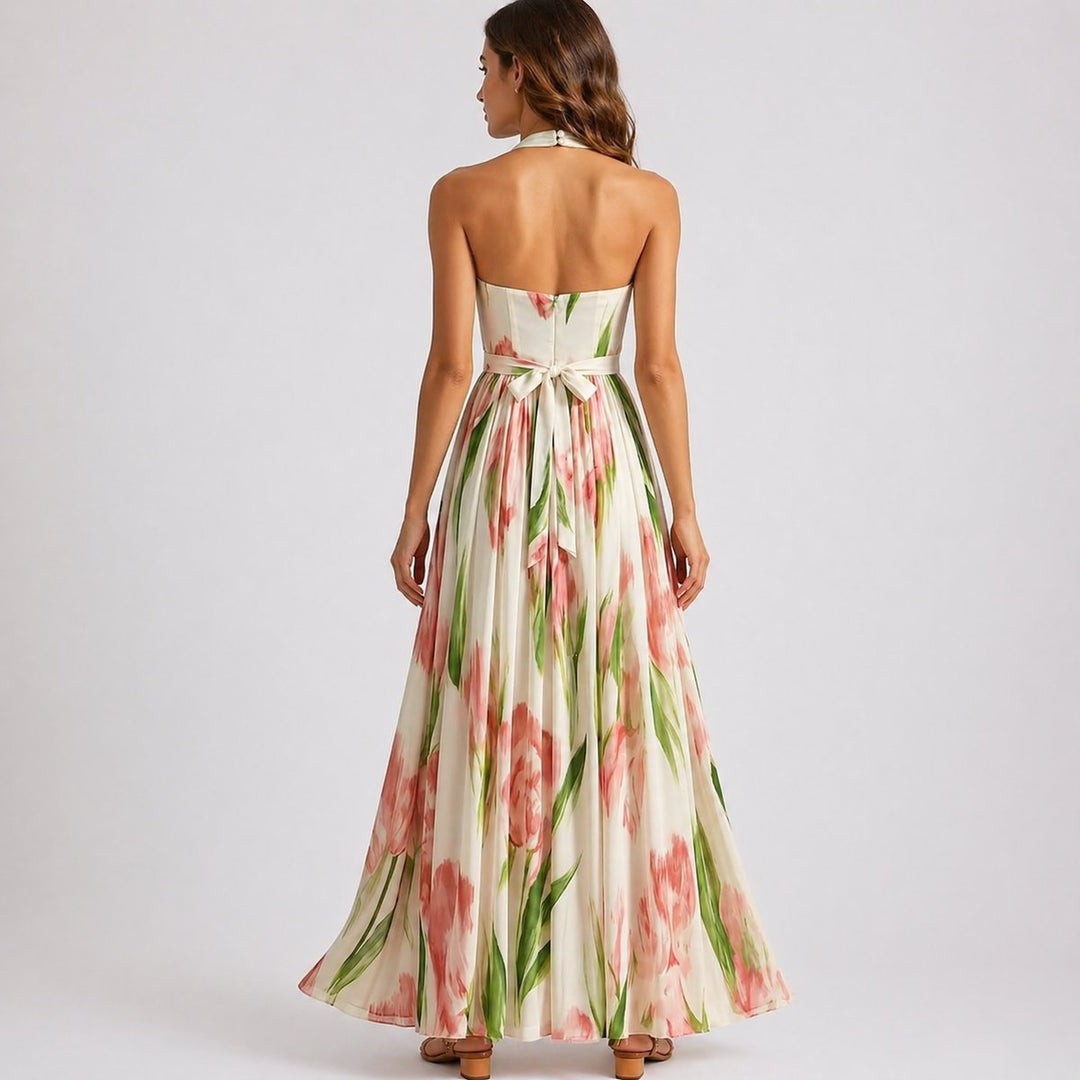 Emma | Women's Halter Neck Watercolor Floral Maxi Fall Wedding Guest Dress