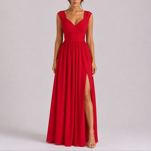 Camila | Women's Lace Shoulder Wrap-Bodice Side-Slit Fall Wedding Guest Dresses