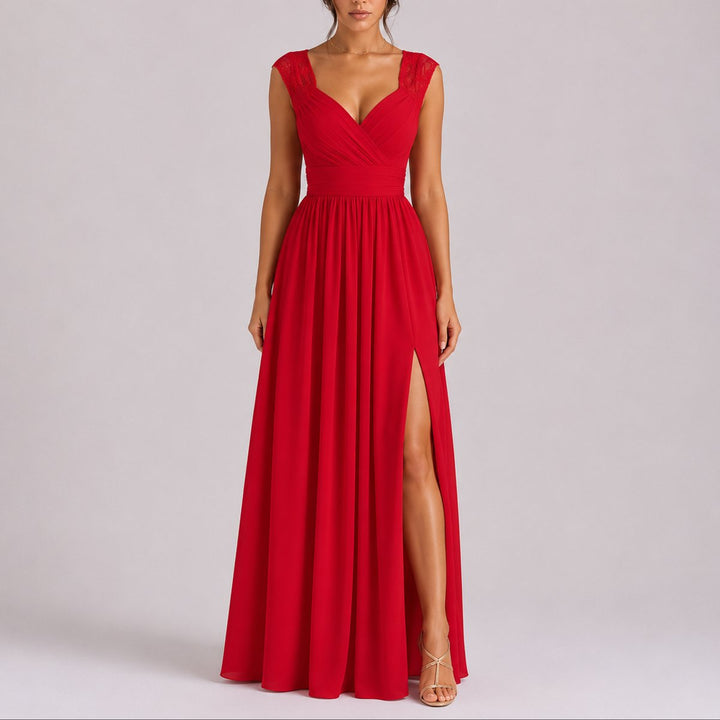 Camila | Women's Lace Shoulder Wrap-Bodice Side-Slit Fall Wedding Guest Dresses