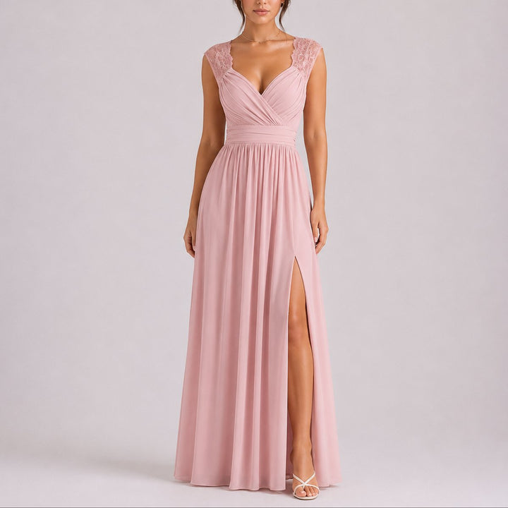 Camila | Women's Lace Shoulder Wrap-Bodice Side-Slit Fall Wedding Guest Dresses
