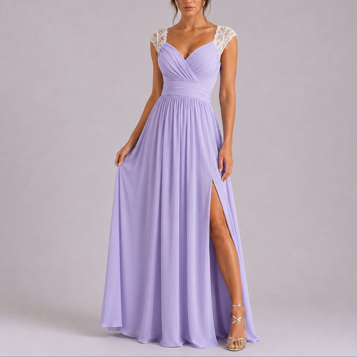 Camila | Women's Lace Shoulder Wrap-Bodice Side-Slit Fall Wedding Guest Dresses