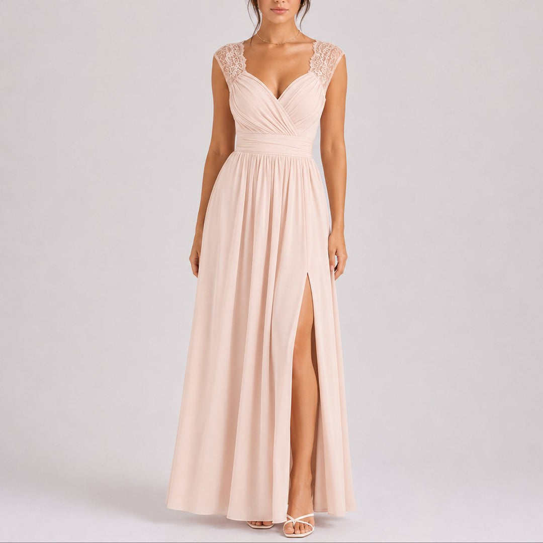 Camila | Women's Lace Shoulder Wrap-Bodice Side-Slit Fall Wedding Guest Dresses