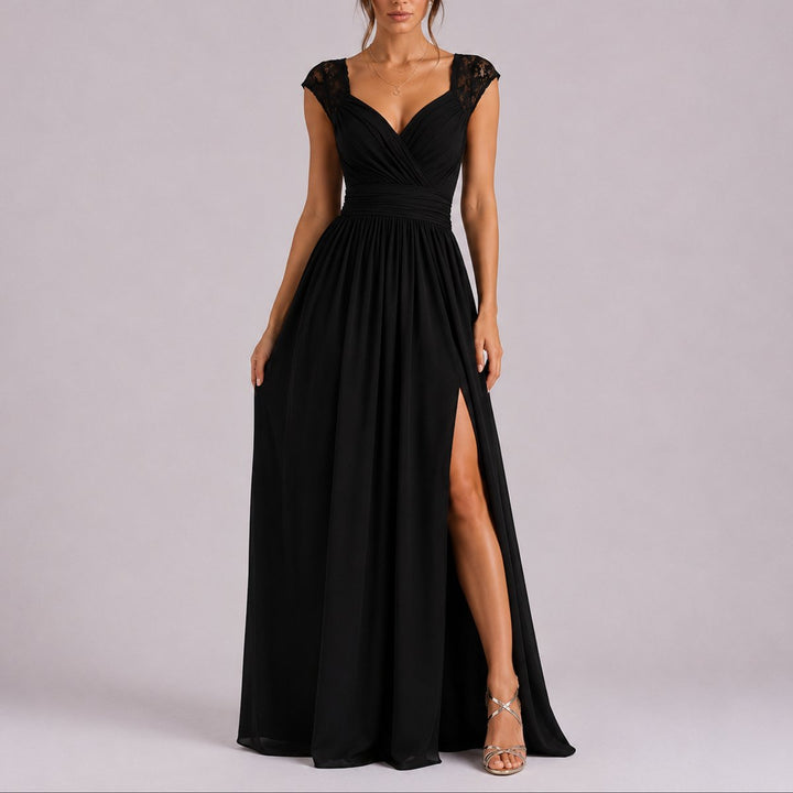 Camila | Women's Lace Shoulder Wrap-Bodice Side-Slit Fall Wedding Guest Dresses