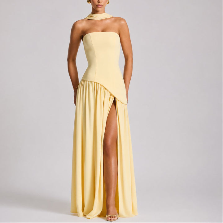 Camila | Women's Strapless Open-Back Scarf-Neck Fall Wedding Guest Maxi Dress