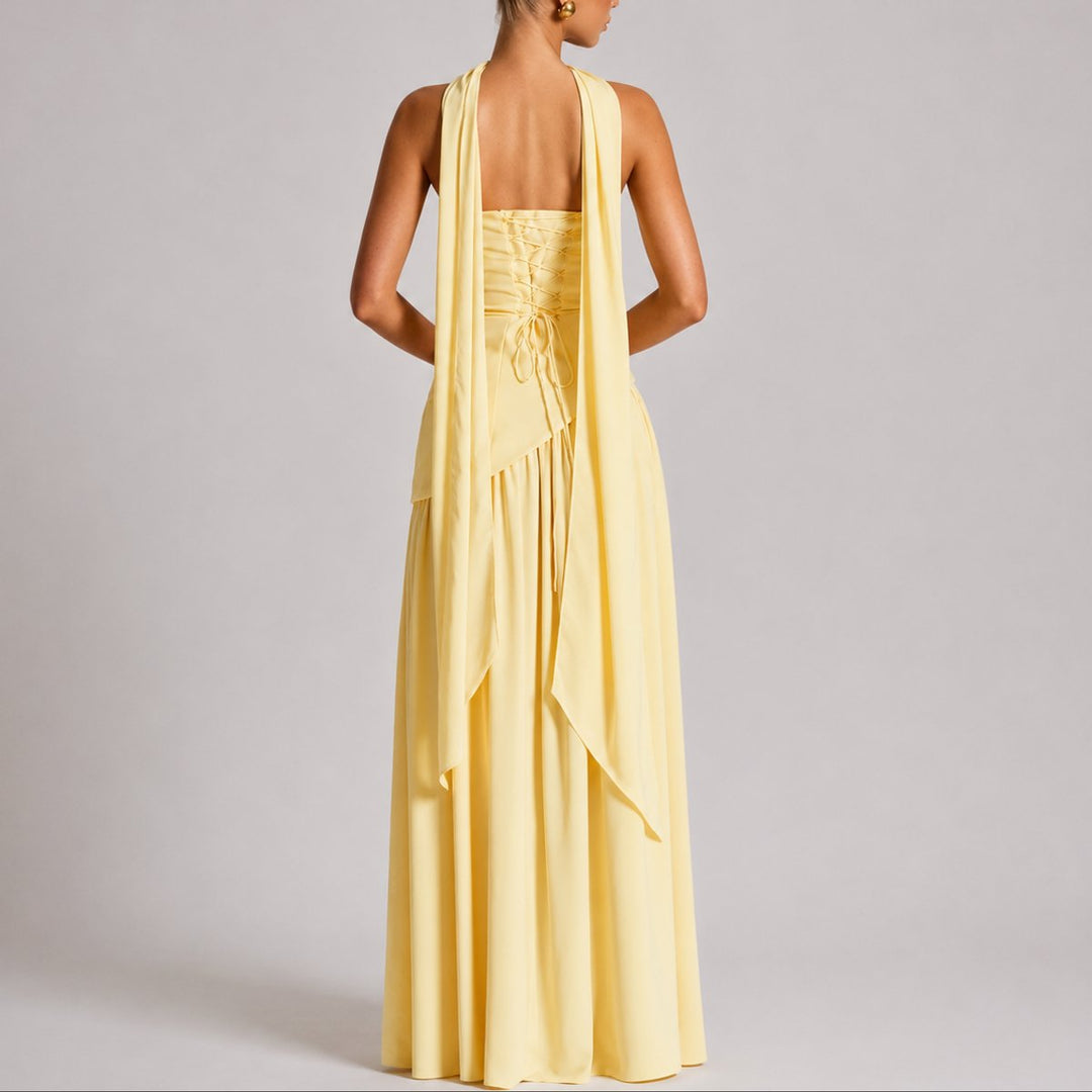 Camila | Women's Strapless Open-Back Scarf-Neck Fall Wedding Guest Maxi Dress