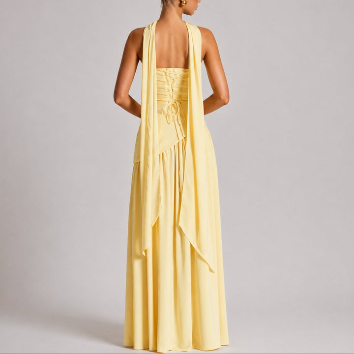 Camila | Women's Strapless Open-Back Scarf-Neck Fall Wedding Guest Maxi Dress