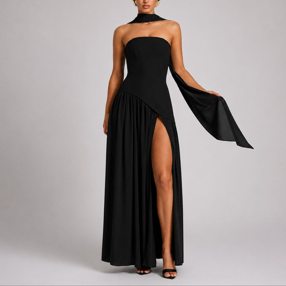 Camila | Women's Strapless Open-Back Scarf-Neck Fall Wedding Guest Maxi Dress