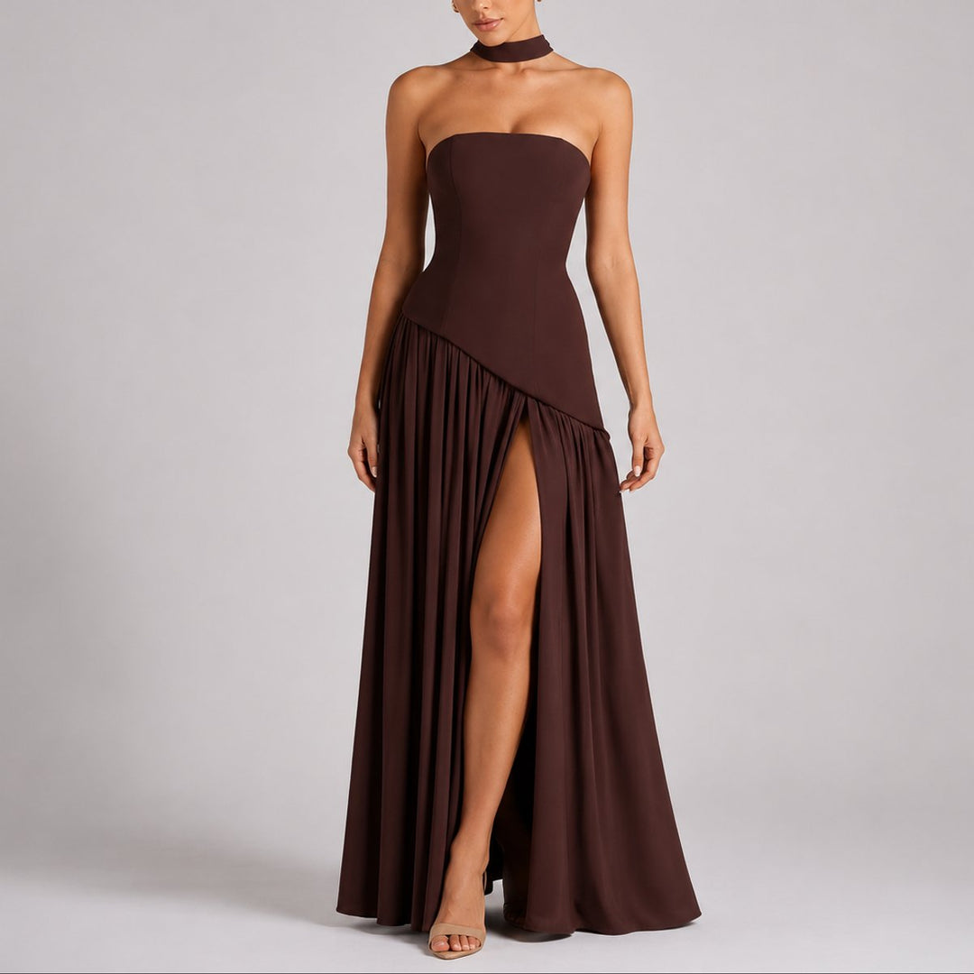Camila | Women's Strapless Open-Back Scarf-Neck Fall Wedding Guest Maxi Dress