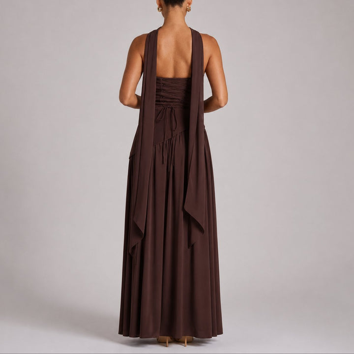 Camila | Women's Strapless Open-Back Scarf-Neck Fall Wedding Guest Maxi Dress