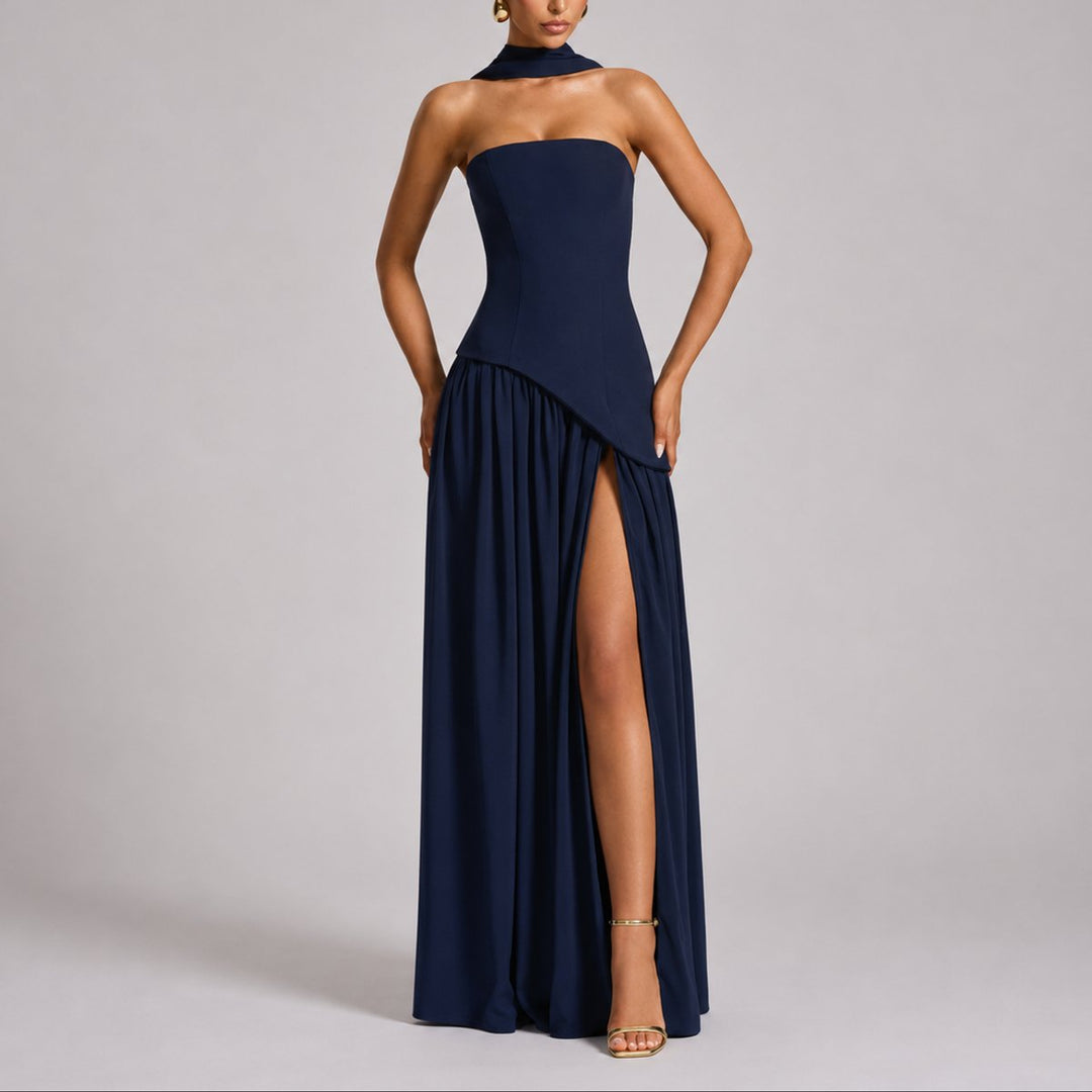 Camila | Women's Strapless Open-Back Scarf-Neck Fall Wedding Guest Maxi Dress