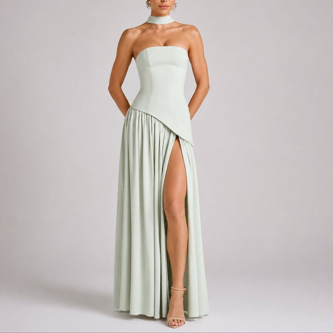 Camila | Women's Strapless Open-Back Scarf-Neck Fall Wedding Guest Maxi Dress